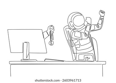 Single continuous line drawing hand of astronaut out of monitor screen while holding a medal. A government service award. Proud. Enthusiastic. Things from Screen. One line design vector illustration