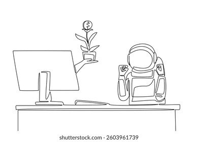 Single continuous line drawing hand of astronaut out of monitor screen while holds money tree with dollar coin fruit. Astronauts and investment. Things from Screen. One line design vector illustration