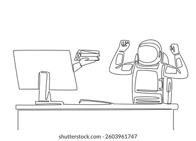 Single continuous line drawing hand of astronaut out of monitor screen while holding a gold stack. Finding gold during a space expedition. Things from Screen. One line design vector illustration