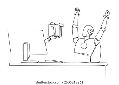 Single continuous line drawing hand of robot out of monitor screen while holding gift box. Always entertaining with various surprises. AI. Tech. Things from Screen. One line design vector illustration