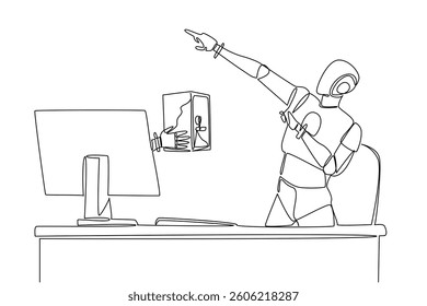 Single continuous line drawing hand of robot out from monitor screen holding a safe deposit box. The safest storage of smart robot programming. Things from Screen. One line design vector illustration
