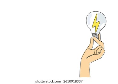 Single continuous line drawing hand holding a bulb with thunder in the middle. Symbolism of turning off electricity and lights when not in use. Light. Holding Bulb. One line design vector illustration
