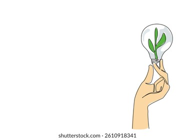 Single continuous line drawing hand holding bulb in the middle of which there is plant sprout. Symbol of a brilliant idea. Greening sustainability. Holding Bulb. One line design vector illustration