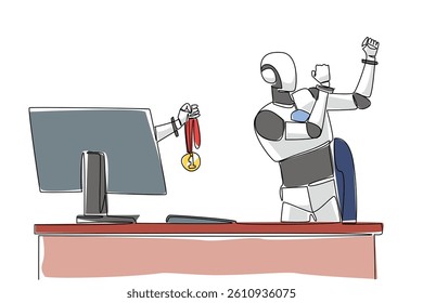 Single continuous line drawing hand of robot out of monitor screen while holding a medal. Awards from the highest technology. Smart robot. AI. Things from Screen. One line design vector illustration