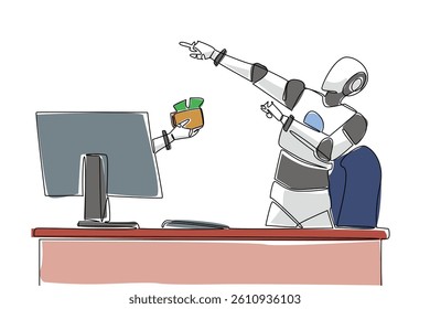 Single continuous line drawing hand of robot out of monitor screen while holding a wallet with some money coming out. Robots make profits. Things from Screen. One line design vector illustration