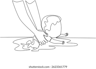 Single continuous line drawing hand holding baby boy learning to swim. Trained and trusted instructors. Train patiently. Exercise. National Learn to Swim Day. One line design vector illustration