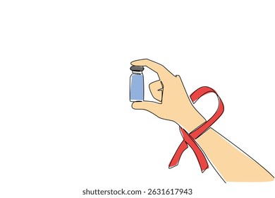 Single continuous line drawing hand holds medical glass vial or vaccine bottle with red ribbon on wrist. Vaccination. Treatment. National HIV Vaccine Awareness Day. One line design vector illustration