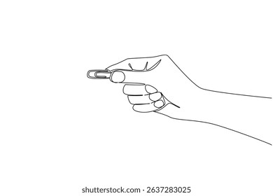 Single continuous line drawing hand holding a paper clip. Take as needed. Glue work documents without damaging the paper. Tool. Equipment. National Paperclip Day. One line design vector illustration