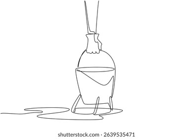 Single continuous line drawing hand holds bucket with hole with water coming out of hole. Leaks from inside are difficult to repair. National Hole In My Bucket Day. One line design vector illustration