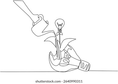 Single continuous line drawing hand watering plant bearing fruit lightbulb growing from a broken lightbulb. Generating new quality ideas. National Creativity Day. One line design vector illustration