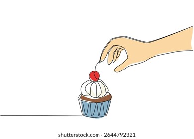 Single continuous line drawing hand taking muffin or cupcake with cherry topping on stem. Taking a cup of pleasure. Legit in the mouth. National Cherry Dessert Day. One line design vector illustration