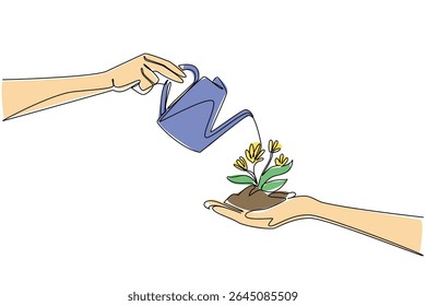 Single continuous line drawing hand holds a lump of soil with flowering plant and watering it with watering can. Symbol of cooperation. National Water a Flower Day. One line design vector illustration