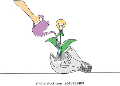 Uma única linha contínua desenho planta de regar à mão portando lâmpada de fruto crescendo de uma lâmpada quebrada. Gerando novas ideias de qualidade. Dia Nacional da Criatividade. Ilustração de vetor de design de uma linha