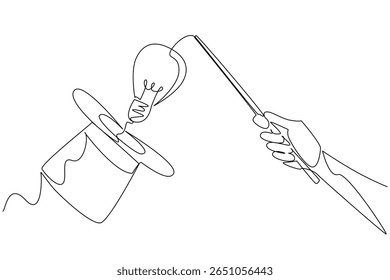 Single continuous line drawing hand holds magic wand and points it at magic hat emits a lightbulb. Performances add value to creativity. National Creativity Day. One line design vector illustration