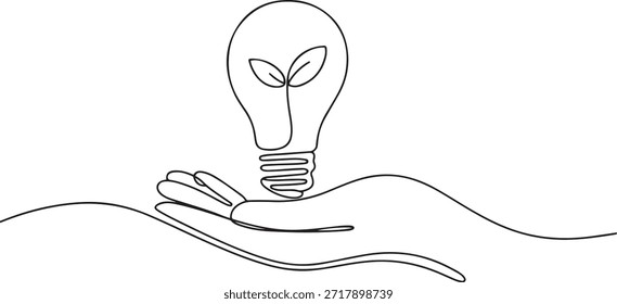 Einzelne durchgehende Linie ziehen Hand Haltezwiebel, in der Mitte der Pflanze sprießt. Symbol einer genialen Idee. Ökologisierung der Nachhaltigkeit Glühbirne. einzeilige Symbolzeichnung
