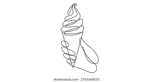A single continuous line drawing of a hand holding a delicious soft serve ice cream in a cone Vector, illustration