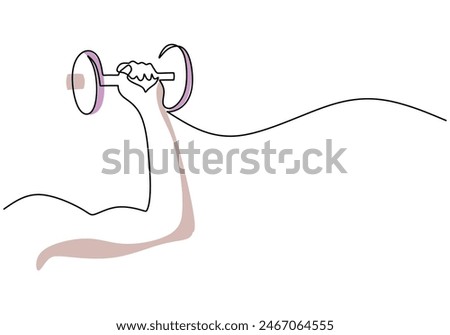 Single continuous line drawing hand holding dumbbell. Hand with muscle in holding barbell. Gym and fitness center concept.