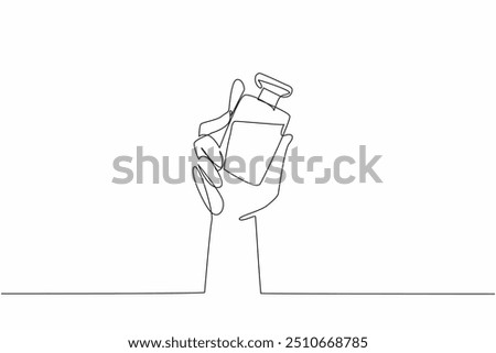 Single continuous line drawing hand hold perfume bottle. Shake gently before spraying and ready to use. Jasmine scent. Masculine fragrance. National Fragrance Day. One line design vector illustration