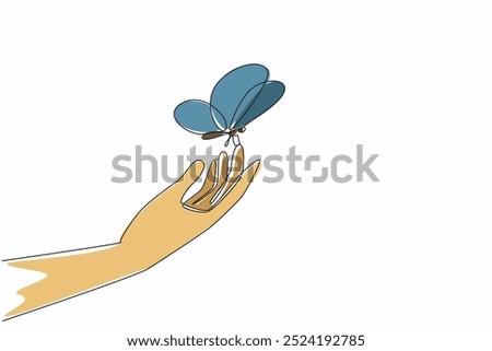 Single continuous line drawing a hand perched butterflies. The balance of human nature with animals. Balanced sustainability. Mutualism. Zero Discrimination Day. One line design vector illustration