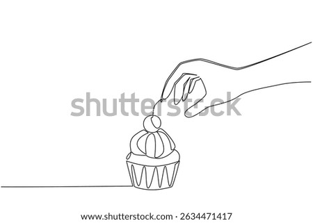 Single continuous line drawing hand taking muffin or cupcake with cherry topping on stem. Taking a cup of pleasure. Legit in the mouth. National Cherry Dessert Day. One line design vector illustration