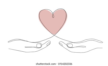 Single continuous line drawing of hands holding a heart on white background. Modern vector illustration for Valentine day banner, web, interior design element, template, postcard.