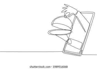 Single continuous line drawing Hands out of smartphone screen with tray open to serve food. Order food digitally. Online delivery service concept. One line draw graphic design vector illustration