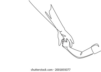 Single continuous line drawing hands of parent and child. Childhood with family. Daughter have bonding with her father. Hero father and family pride. One line draw graphic design vector illustration