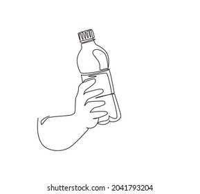 Single continuous line drawing hands holding plastic bottle of pure drinking water refreshing. Human drinking water after run, sport and health care concept. One line draw design vector illustration