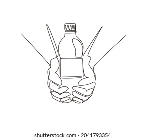 Single continuous line drawing hands holding plastic bottle of pure drinking water refreshing and splash on hot background with hungry and thirsty concept for good health. One line draw design vector