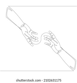 Single continuous line drawing, a hands who are helping each other. Minimalism and Trendy teamwork concept one line draw graphic design vector illustration. 