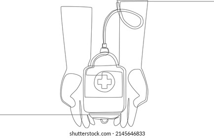 Single continuous line drawing hands holding blood bag for transfusion. One line draw graphic design vector illustration.