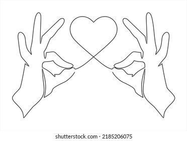 Single continuous line drawing of hands holding a heart on white background. 