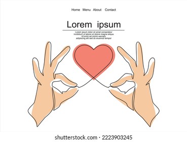 Single continuous line drawing of hands holding a heart on white background. 