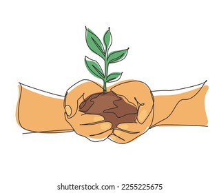 Single continuous line drawing hands holding plant in soil on white background. Environment earth day in the hands of trees growing seedlings. Dynamic one line draw graphic design vector illustration