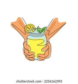 Single continuous line drawing hands hold refreshing detox lemonade drink with sliced lime, lemon, mint. Summer delicious lemonade in a vintage mug. One line draw graphic design vector illustration