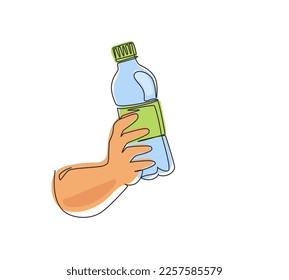 Single continuous line drawing hands holding plastic bottle of pure drinking water refreshing. Human drinking water after run, sport and health care concept. One line draw design vector illustration