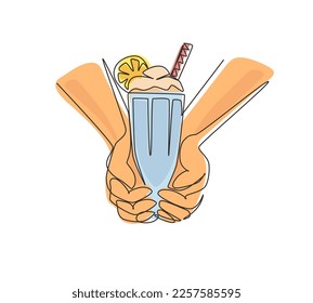 Single continuous line drawing hands hold glass of tasty milkshake drink with whipped cream. Sweet beverage with a straw and slice of orange. Dynamic one line draw graphic design vector illustration