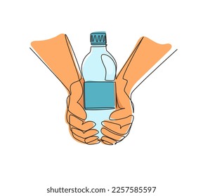 Single continuous line drawing hands holding plastic bottle of pure drinking water refreshing and splash on hot background with hungry and thirsty concept for good health. One line draw design vector
