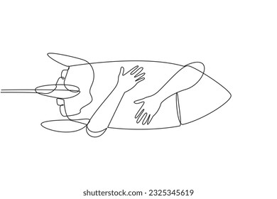 Single continuous line drawing of hands hugging flying rocket. Entrepreneur starting a new business startup during a pandemic. High experience is needed for the business to be stable. One line vector