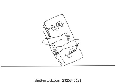 Un único plano continuo de manos abrazando el billete. Los negocios inteligentes no traicionarán los resultados. Cuanto más esfuerzo, más se hará. Futura inversión con billetes. Ilustración vectorial de una línea