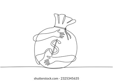 Single continuous line drawing of hands hugging big money bag. Successful entrepreneurs take advantage of existing opportunities to collect a lot of money. Wealth concept. One line vector illustration