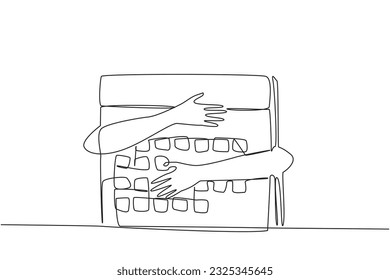 Single continuous line drawing of hands hugging desk calendar. A planned business is a must have to start a new business. Regarding time management, plans must also be made every day. One line vector