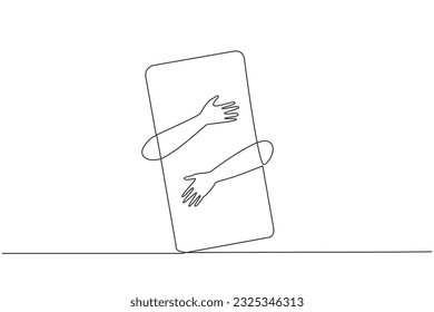 Single continuous line drawing hands hugging handphone. Entrepreneurs buy new handphone with high specifications to support daily activities. Gadgets make performance easier. One line design vector