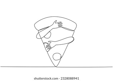 Single continuous line drawing of hands hugging pizza slice. One slice of pizza contains up to 700 calories. Excess calories are not good for the body. Junk food. One line design vector illustration