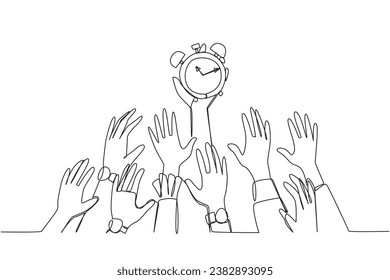 Single continuous line drawing hands fighting over alarm clock. Able to carry out big responsibilities well. Complete obligations before the deadline. Responsible. One line design vector illustration