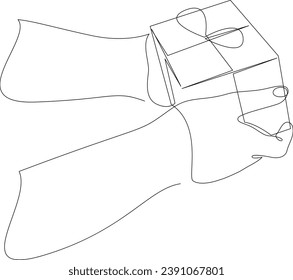 Single continuous line drawing hands holding gift box tied with ribbon. Holiday concept or birthday greeting cards minimalist design. One line art style banner vector illustration.
