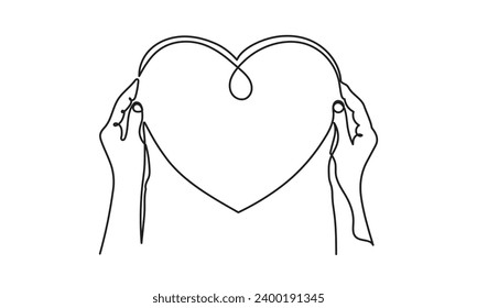 Single continuous line drawing of hands holding a heart.the concept of love, Valentine's Day, relationship, and love care vector illustration.

