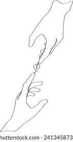 Single continuous line drawing of hands holding a heart on white background. illustration for Valentine day banner, web, interior design element, template, postcard.