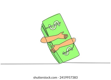 Single continuous line drawing of hands hugging banknote. Smart business will not betray results. The more effort, the more will get. Future investment with banknote. One line vector illustration