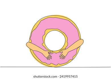 Single continuous line drawing of hands hugging donut. Cake that has a characteristic form of a hole in the middle. Made from wheat flour which has meses topping on top. One line vector illustration